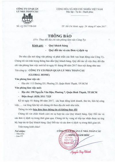 Thông báo (V/v Thay đổi địa chỉ văn phòng làm việc)